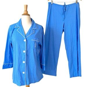 Lauren Ralph Lauren Blue & White Polka Dot Embroidered Logo Cotton Pajama Set